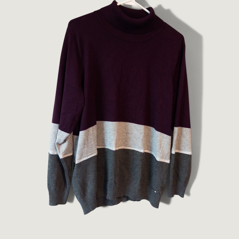 Calvin Klein Womens 1X Turtleneck Sweater Burgundy Gray Metallic Colorblock